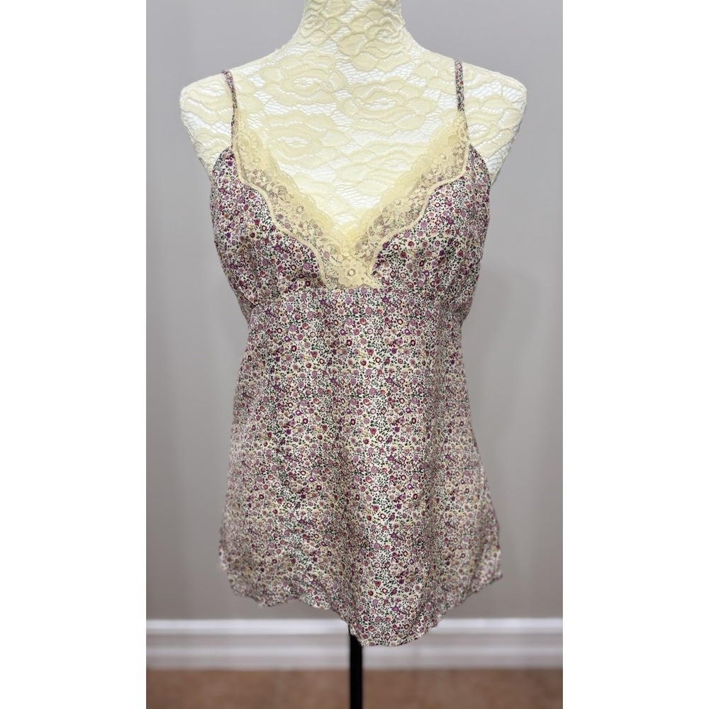 VTG American Rag Womens L Silk Cami Top Floral Lace Trim Babydoll Y2K Romantic